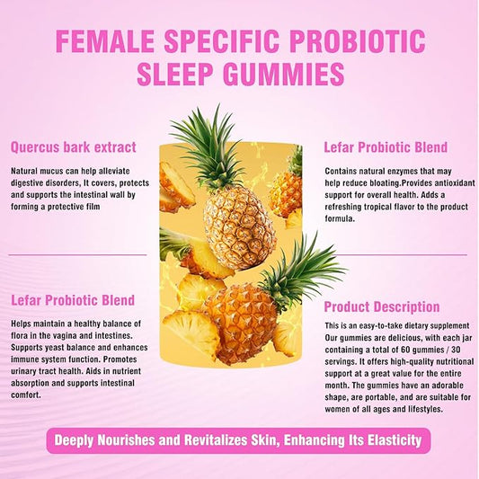 Women Probiotics Gummies, 60 Vegan Sugar-Free Hawaiian Pineapple Gummies with Slippery Elm Cranberry Lactobacillus Blend, 4-in-1 Feminine pH Balance Gut Immune Vaginal Health