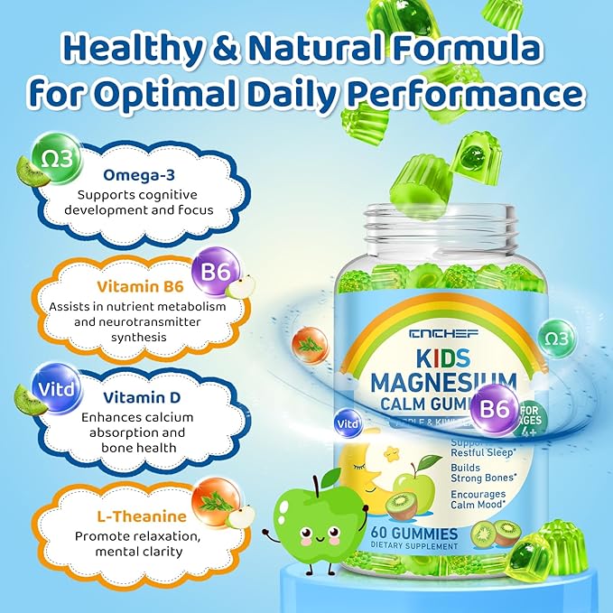 Center-Filled Magnesium Gummies for Kids 300MG - Magnesium Glycinate Gummies with L-theanine, Omega-3, Vitamin B6, D for Kids & Adults, Supplement for Sleep, Calm & Muscle Relaxation - Apple & Kiwi