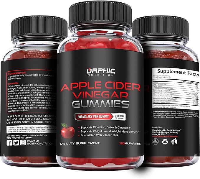 Orphic Nutrition Apple Cider Vinegar Gummies - 1000mg - ACV Weight Loss Gummies - Supports Digestion, Detox & Cleansing - VIT B12, Beetroot - Gomitas de Vinagre de Manzana (120 pcs)