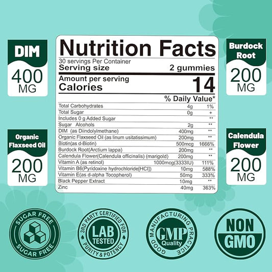 DIM Supplement Women 400mg, Estrogen Supplement for Women, Sugar Free DIM Gummies for Men & Women w/ Biotin, Flaxseed Oil, Burdock, Calendula, BioPerine for Hormone Balance, Menopause & Prostate 60Cts