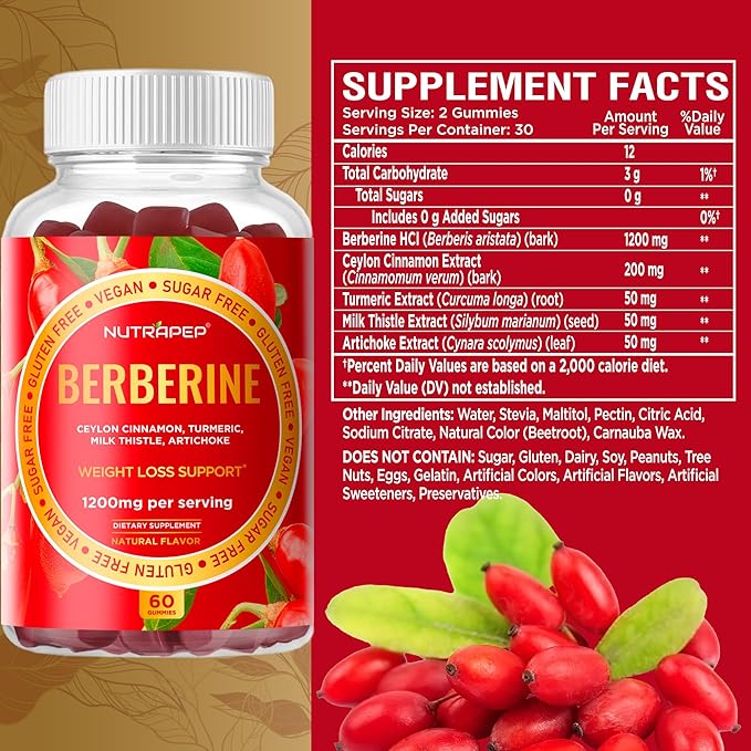 Premium Berberine HCl Weight Loss Support Gummies - 1200 mg Berberine HCl with Ceylon Cinnamon Turmeric Milk Thistle Artichoke for Metabolism Appetite Support - Sugar Free Gluten Free
