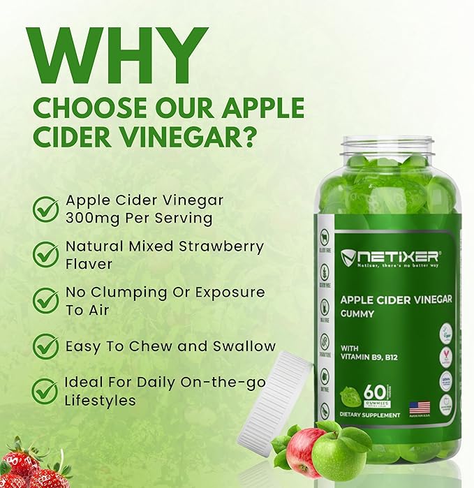 Apple Cider Vinegar Gummies – 350mg Apple Cider Vinegar per Gummy – with Vitamin B9 & B12 – Vegan Pectin Gummies – Individually Wrapped – 60 Gummies