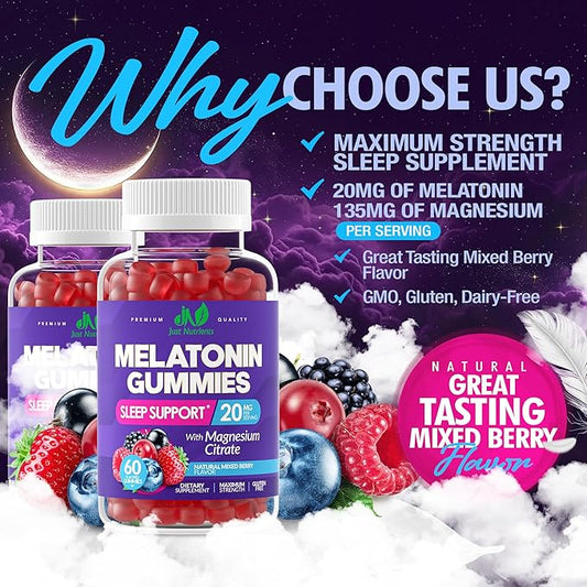 Melatonin 20mg Gummies with Magnesium Citrate - Maximum Strength Sleep Aid for Adults with 10mg of Melatonin Per Gummy - Gluten-Free, Non-GMO, Vegetarian, Mixed Berry Flavor - 60 Gummies