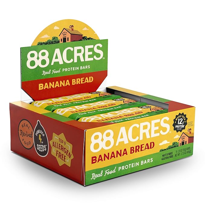 88 Acres Pumpkin Seed Protein Bars, Banana Bread, 9 Count, 12g Plant-Based Protein, Gluten Free, Nut Free, School Safe Snack Bar, Vegan, Non-GMO, Individually Wrapped