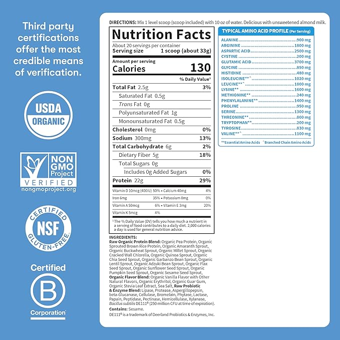 Garden of Life Protein Powder, Vegan Protein Powder, BCAA, Probiotics & Digestive Enzymes, Gluten & Lactose Free, Vanilla, 23.28 Ounce