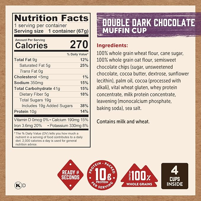 Kodiak Cakes Minute Muffin Cup Variety Pack - 100% Whole Grains, Double Dark Chocolate, Blueberry & Cinnamon Roll, 2.36 oz (Pack of 12)