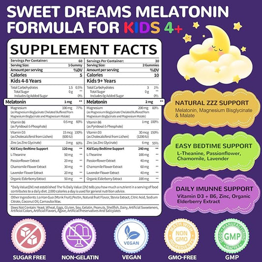 Melatonin Gummies Kids 1mg: Extra Strength Chewable Kids Melatonin Gummy Plus Magnesium Chamomile Lavender Elderberry L-Theanine D3 B6 - Natural Rest Cycles for Children Ages 4+(120Count)