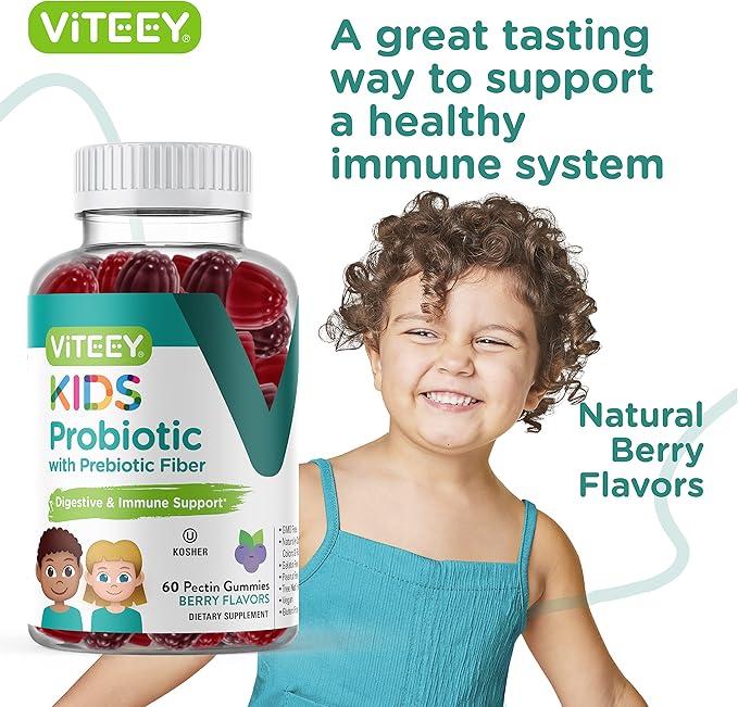 Viteey Probiotic Gummies for Kids Plus Prebiotics Fiber - 2 Billion CFUs - Digestive Health,Gut Health, Constipation Relief for Kids Support - Vegan, Gelatin Free - Chewable Probiotic Berry Flavored
