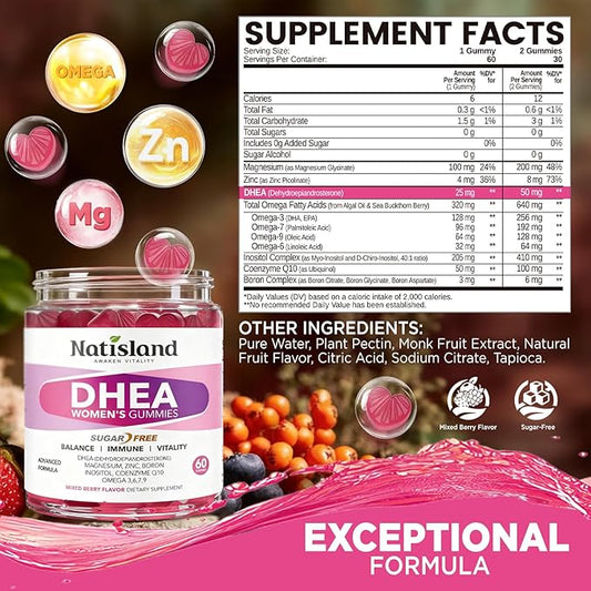 DHEA Supplement for Women, DHEA 50mg with Omega Fatty Acids, Magnesium & Antioxidant Blend, Supports Hormone Balance, Healthy Aging, Immunity & Energy, DHEA 25 mg per Gummy, Non-GMO, Sugar Free, 60ct