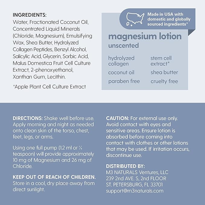 Unscented Magnesium Lotion & Spray for Sleep, Suitable for Sensitive Skin, Helps with Muscle Relaxation, Soothes Tired Legs & Foot Aches and Supports Restful Nights, 8 & 12 fl oz by M3