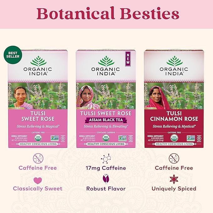 ORGANIC INDIA Tulsi Cinnamon Rose Tea Bags - Tulsi Rose, Cinnamon with Holy Basil, Chamomile, Stevia, USDA Certified Organic Caffeine Free Herbal Tea - 18 Infusion Bags, 2 Pack