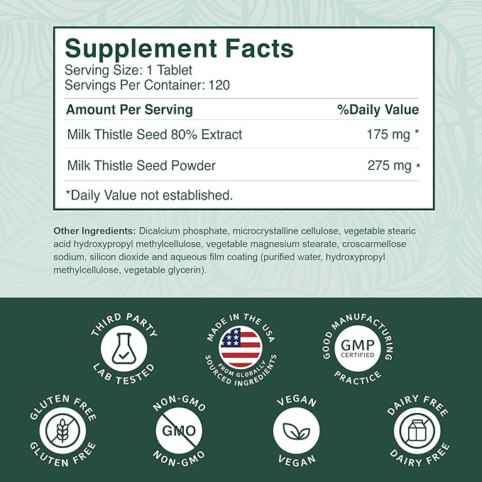 PurePremium Milk Thistle Supplement – Liver Cleanse Detox & Repair, 80% Silymarin Standardized Extract – 450mg Complex Supports Normal Liver Function – Non-GMO, Gluten-Free - 120 Supply