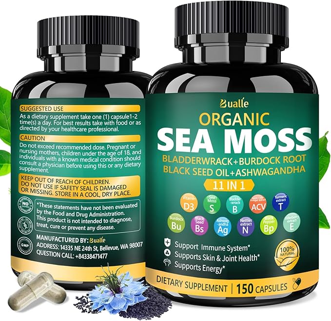 Bualle Irish Sea Moss Capsules – Organic Sea Moss, Black Seed Oil, Ashwagandha Supplements with Bladderwrack, Ginger & Burdock Root – Supports Daily Wellness, Skin & Energy – 150 Count (1 Pack)