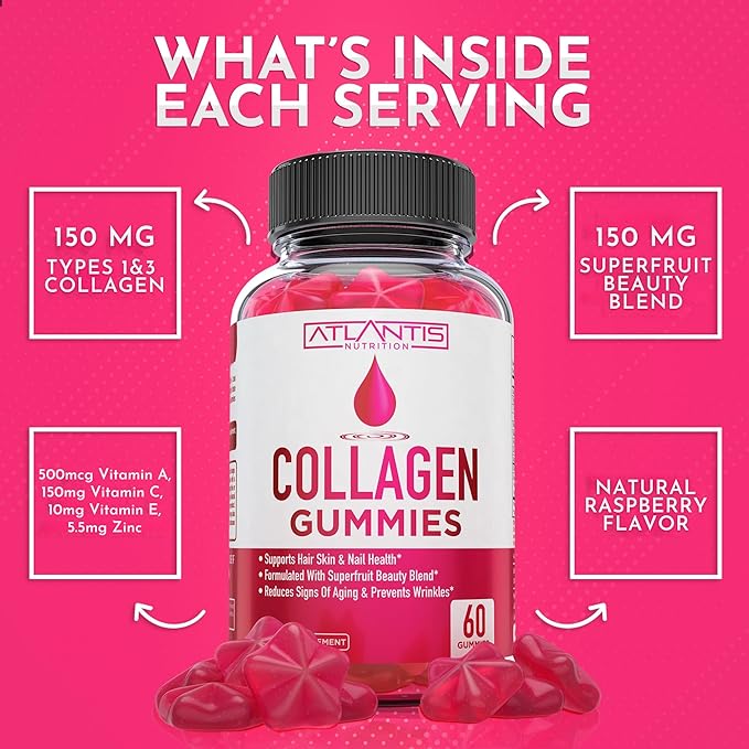 Atlantis Nutrition Collagen Peptides Gummies for Women - Formulated with Type I & III - Vitamin & Superfruit Beauty Blend - Formulated to Support Hair, Nail & Skin Health | 60 Count