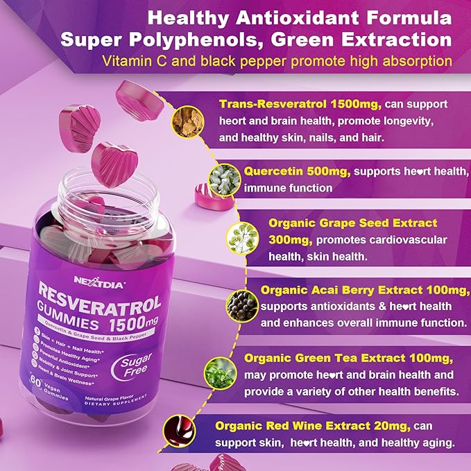 Resveratrol Supplement 1500mg - Resveratrol Gummies Supports NAD⁺, NMN & NMNH Synergy, with Quercetin, Grape Seed, Acai Berries Extracts for Antioxidant, Healthy Aging & longevity, Skin, Brain - 2Pcs