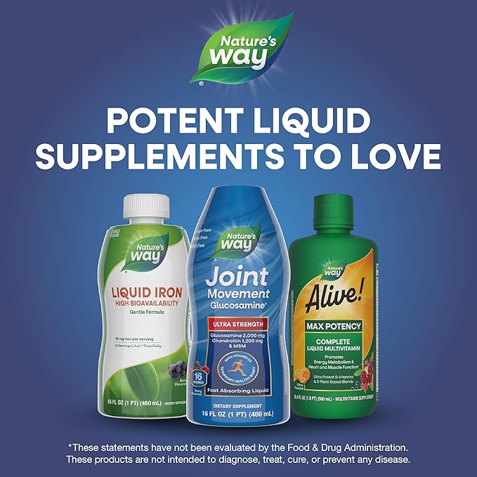 Nature’s Way Ultra-Strength Joint Movement Glucosamine Liquid, Glucosamine, Chondroitin, MSM with Vitamin D3 & Hyaluronic Acid, Fast-Absorbing Liquid, Joint Support Supplement*, Berry Flavored, 16 Oz