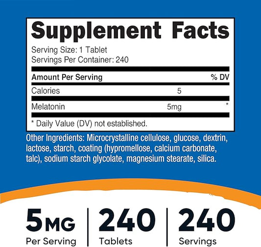 Nutricost Melatonin 5mg, 240 Tablets - 5mg Per Serving, Non-GMO, Gluten Free