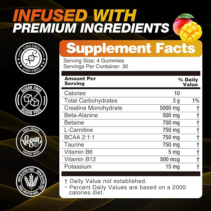 Creatine Monohydrate Gummies 8500 MG for Men and Women, Creatine Monohydrate Supplement for Muscle Growth, Strength & Energy Support, Pre Workout Gummies 120 Count Mango Flavor
