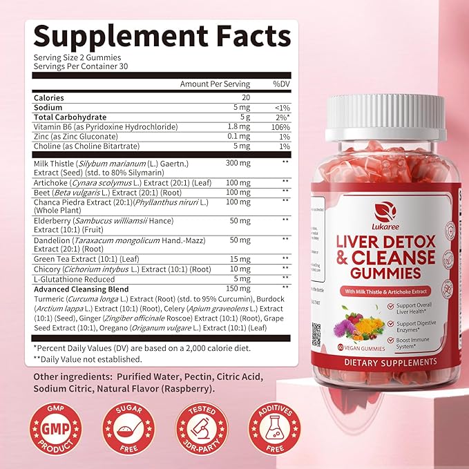 2 Pack Lukaree Liver Cleanse Detox & Repair Gummies | Sugar-Free Milk Thistle Supplement w/Artichok & L-Glutathione - Ultra-Concentrated Herbal Liver Support for Men & Women -Vegan,60 Count