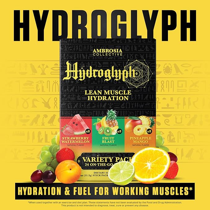 Ambrosia Hydroglyph Fasting Electrolytes Packets | Hydration Powder with Amino Acids | Sugar Free Electrolyte Powder for Fasting & Intra Workout | 30 Single Servings, Variety Pack