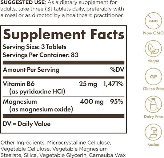 Solgar Magnesium with Vitamin B6, 250 Tablets - Promote Healthy Bone Mineralization, Support Nerve & Muscle Function, Energy Metabolism - Non-GMO, Vegan, Gluten Free, Dairy Free, Kosher - 83 Servings