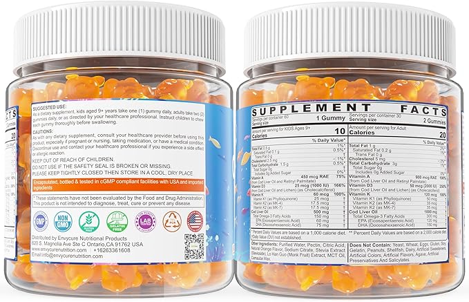 Cod Liver Oil Gummies 1000mg for Kids & Adults - w/Omega 3 (EPA & DHA), Vitamins A, D3 & K2 - Cod Liver Oil Omega 3 Gummies for Immune, Brain & Cognitive Support, SugarFree, Orange Flavor, 120Cts