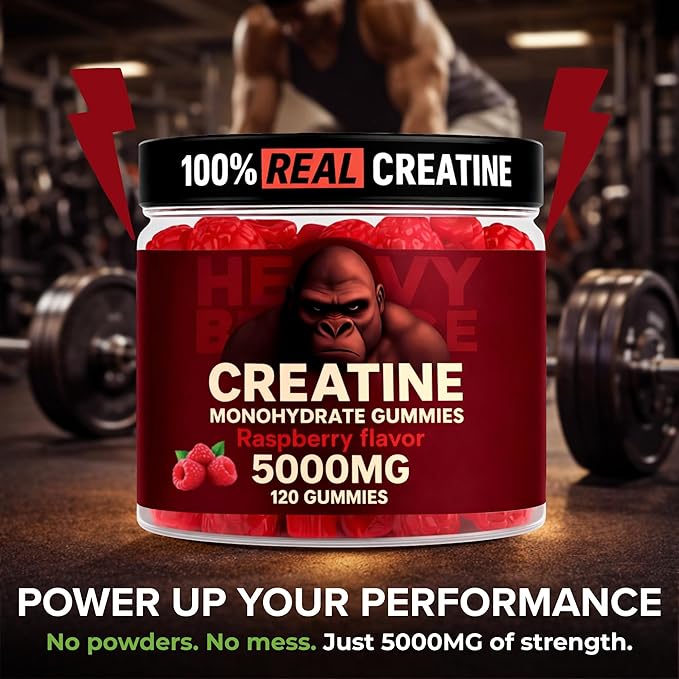 Creatine Monohydrate Gummies 5g Sugar Free Creatine with Vitamin B12 and L-Taurine | Muscle Growth for Men and Women | Low Calorie Formula 120 Gummies for 30 Servings, Raspberry