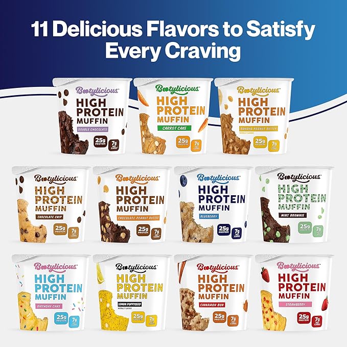 Bootylicious | 25g Protein Muffin | Blueberry | Low Carb, 14g Fiber, Low Glycimic Index, Low Sugar, 2.29 Cup, 12-Pack