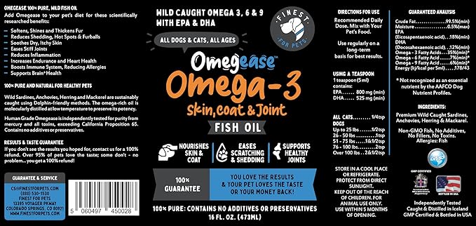 100% Pure Fish Oil for Dogs & Cats (1,545mg Omega 3 per Teaspoon) 16oz. Loaded with EPA & DHA for Joints, Skin & Coat, Itching, Heart & Immune Health. Stronger Than Salmon Oil. Unflavored Omegease.