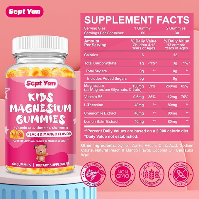 Kids Magnesium Gummies, Magnesium Glycinate Gummies for Kids & Adults with Citrate, L-Theanine, Chamomile, Vitamin B6 for Sleep, Relaxation, Brain & Muscle, Sugar Free Peach & Mango 60ct