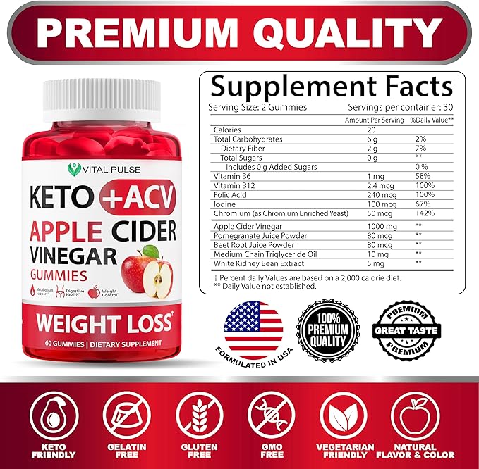 Keto ACV Gummies Advanced Weight Loss - Sugar Free ACV Keto Gummies - Gummy Supplement for Women and Men - Detox - Apple Cider Vinegar - Apple Flavor
