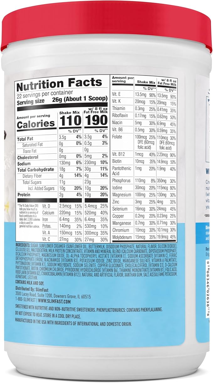 SlimFast Meal Replacement Powder, Original French Vanilla, Weight Loss Shake Mix, 10g of Protein, 22 Servings (Packaging May Vary)