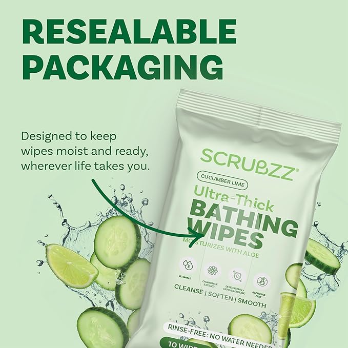 Extra Large Bath Wipes for Adults Bathing No Rinse - 40 Disposable Body Cleansing Wipes for Men, Women & Elderly - Great for Gym, Camping, Post Surgery - Shower Wipes - Cucumber Lime