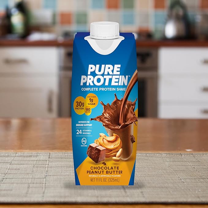 Pure Protein Complete Shake, Chocolate Peanut Butter, 30g High Protein-Drink, Less than 1g Sugar, 3g Fiber, Ready to Drink, Non GMO, On-the-Go Shakes, 11oz Bottles, (Pack of 24)