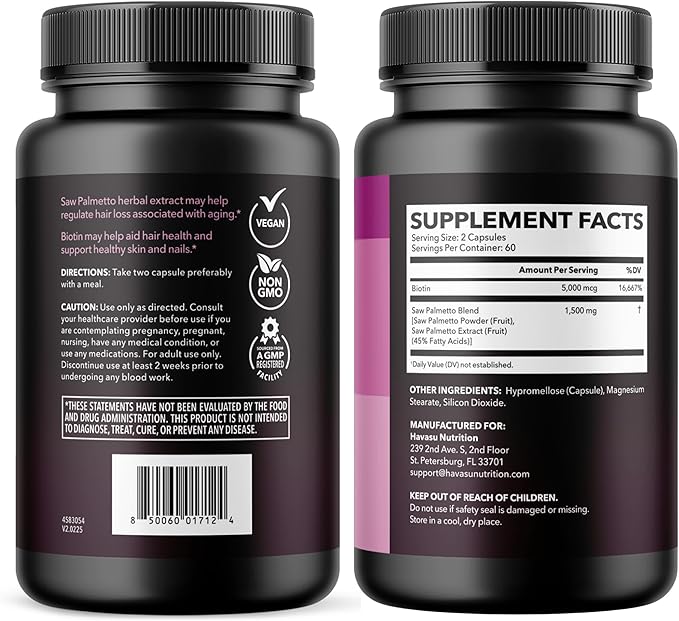 Saw Palmetto for Women with Biotin 5000mcg - Powerful DHT Blocker to Support Hair, Skin, and Nail Health - 120 Count - Vegan, Non-GMO Vitamin for Stronger, Fuller Looking Locks - 2 Month Supply