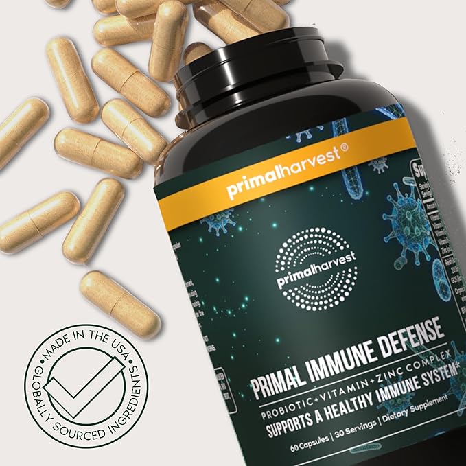 Primal Harvest Primal Immune Defense: 10-in-1 Immune Support with Probiotics, Zinc, Vitamins C, B6, D3 & K2, Immune Booster for Adults 60 Capsules (2-Pack)