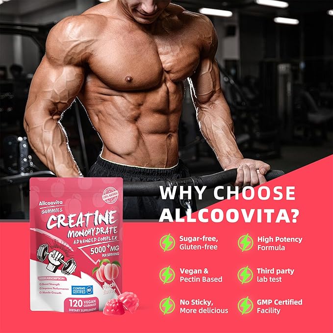 Allcoovita Creatine Monohydrate Gummies 5g for Men & Women. Boost Focus,Strength, and Endurance, Anti-Melting Formula, Vegan, Gluten-Free, Non-GMO,(Peach 120 ct)