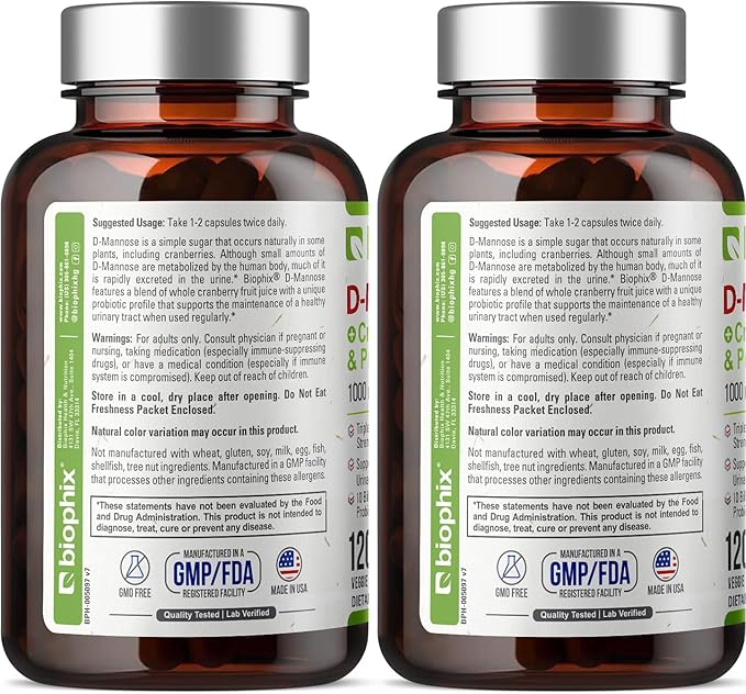 biophix D-Mannose 1000mg Capsules with Cranberry & Probiotics - D Mannose Supplements for Women - D-Mannose Pills for Urinary Tract & Bladder Health Support - Digestive Well-Being - 120 Vcaps 2 Pack