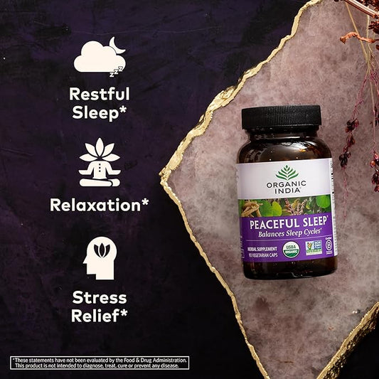 ORGANIC INDIA Peaceful Sleep Herbal Supplement - Deep Sleep Aid for Adults, Natural Herbal Aid Without Melatonin, Supports Circadian Rhythm, USDA Certified Organic, Non-GMO - 90 Capsules