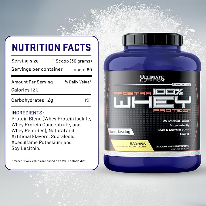 Ultimate Nutrition Prostar Whey Protein Powder Isolate, Banana - Low Carb, High Protein Powder Shake for Muscle Gain & Recovery - Low Sodium, Low-Fat & Keto Friendly - 5.28 lbs Tub