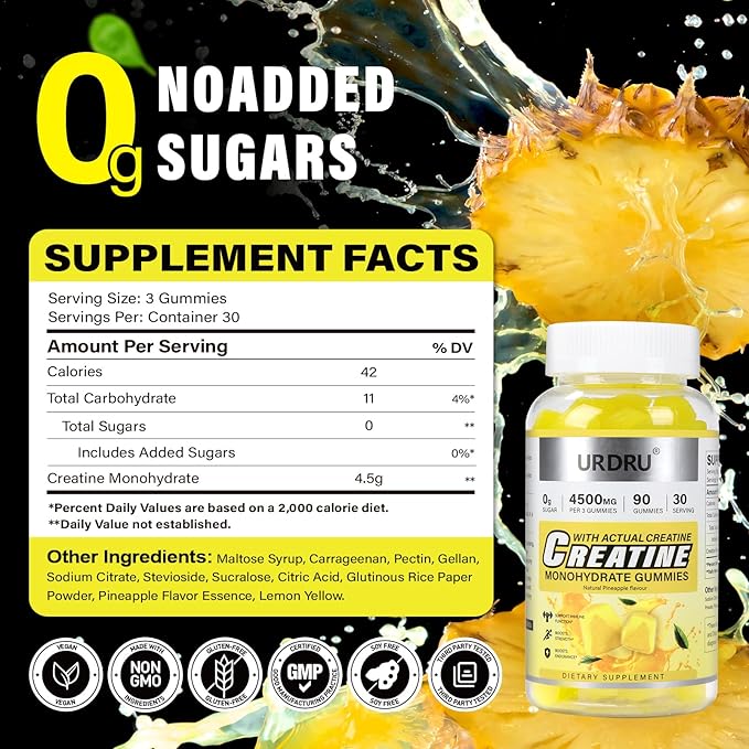 Sugar-Free Creatine Gummies for Men & Women - Third-Party Testing Creatine Monohydrate Gummies 4.5g, Energy Boost, Pre-Workout Supplement, Vegan, Non-GMO (90 Count, Pineapple)