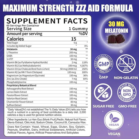 30mg Melatonin Gummies Supplement: Extra Strength Plus Magnesium Ashwagandha L-Theanine Chamomile Valerian GABA Vitamins B6 B12 D3 for Natural Zzz - Sugar Free for Nighttime Adults(120Count)