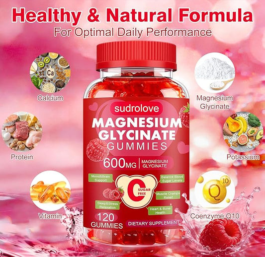 Magnesium Glycinate Gummies 600mg – Sugar Free Magnesium & Potassium Dietary Supplement with Vitamin D, B6 and CoQ10 for Calm Support & Sleep for Adults - High Absorption - Raspberry Gummies