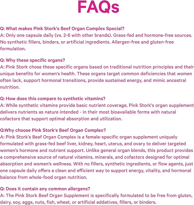 Pink Stork Beef Organ Supplement for Women | Grass-Fed Beef Liver Capsules with Iron, B12, CoQ10, Vitamin A | Primal Multivitamin for Female Hormone + Energy Support | 60 Capsules