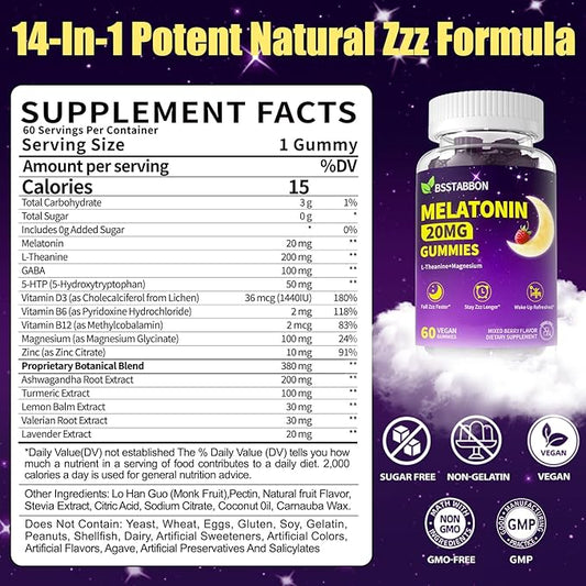 Natural Melatonin 20mg Gummies: Sugar Free Chewable Vegan Supplement with Magnesium Ashwagandha Zinc GABA Vitamin B12 Lemon Balm L-Theanine - Immune Deep Zzz for Adults Women Men(120Count)
