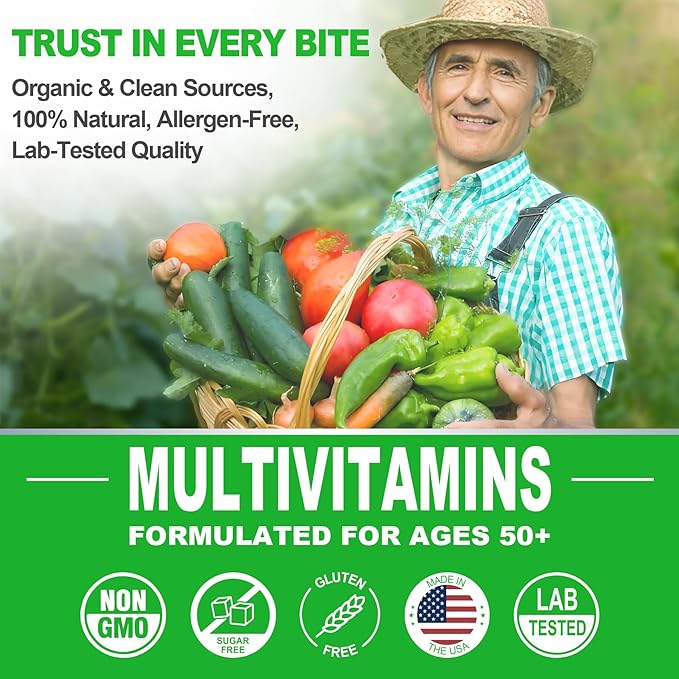Multivitamin for Men 50 + Plus, Sugar Free Men Multivitamins Gummies w/Omega-3, Coq10, D3k2, Calcium, Magnesium, Zinc, Vitamins A, C & E, Mens Vitamins for ๐ง๐พ๐ฑ๐, Antioxidant, Brain, Bone, 60cts