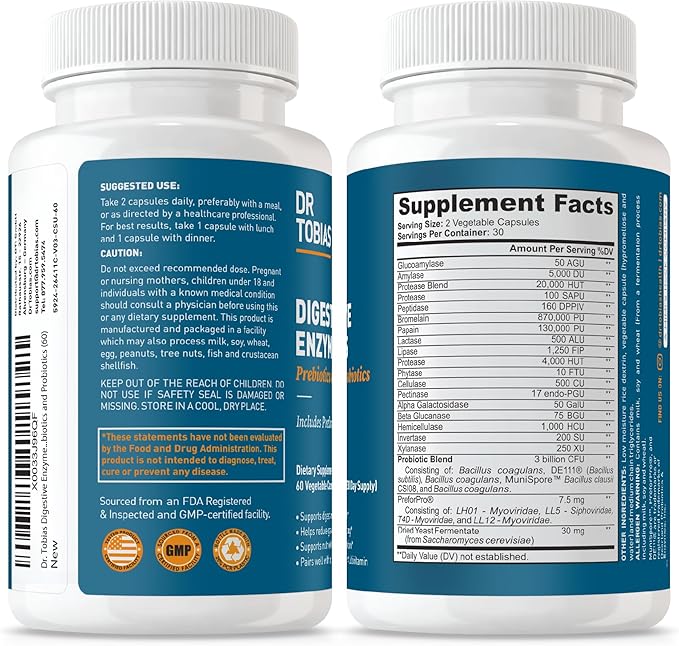 Dr. Tobias Digestive Enzymes with Probiotics, Prebiotics and Postbiotics Bromelain, Amylase, Lipase, for Better Digestion & Immune Function, 60 Capsules, 30 Servings (2 Daily)