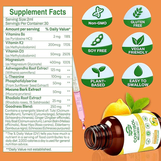 Cortisol Liquid Drops Support Supplements for Men and Women, Cortisol Detox Hormone Balance with Magnesium, Ashwagandha, L-theanine for Mood Support, Lemon Flavor, 60ml