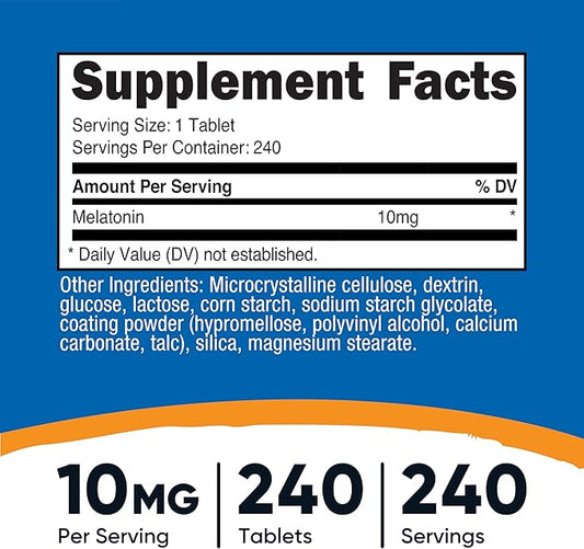 Nutricost Melatonin 10mg, 240 Tablets - 10mg Per Serving, Non-GMO, Gluten Free