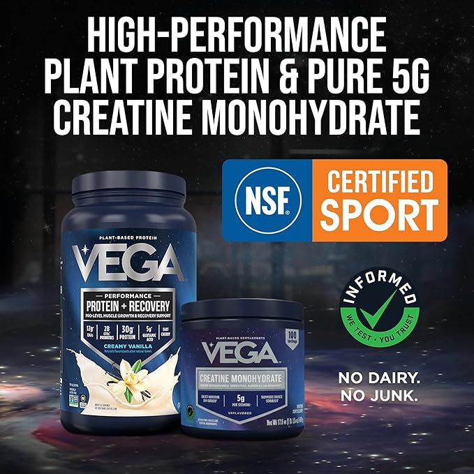 Vega Creatine Monohydrate Powder 17.6oz (100 Servings) & Vega Sport Protein & Recovery Vanilla Protein Powder 1.8lbs - Plant-Based Protein and Muscle Support